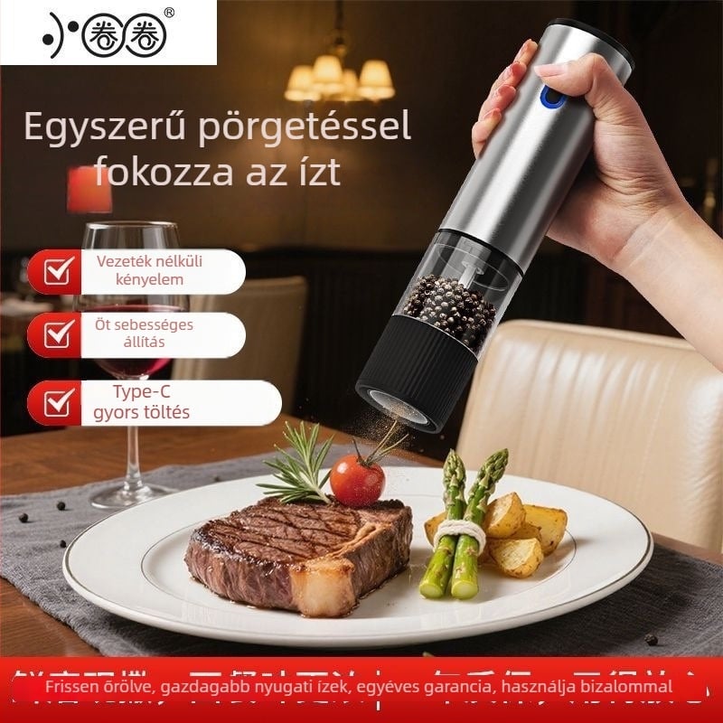 Konyhai elektromos fűszerőrlő, multifunkcionális fekete borsra, Sichuan borsra és tengeri sóra; rozsdamentes acél ház; elektromos üzemmód; kézi őrlés