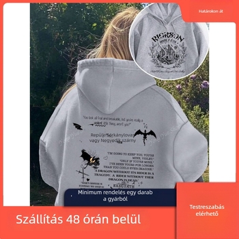 Női pamut kapucnis pulóver, laza szabás, hosszú ujjú, kerek nyak, nyomat