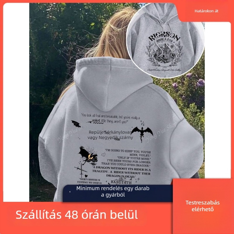 Női pamut kapucnis pulóver, laza szabás, hosszú ujjú, kerek nyak, nyomat