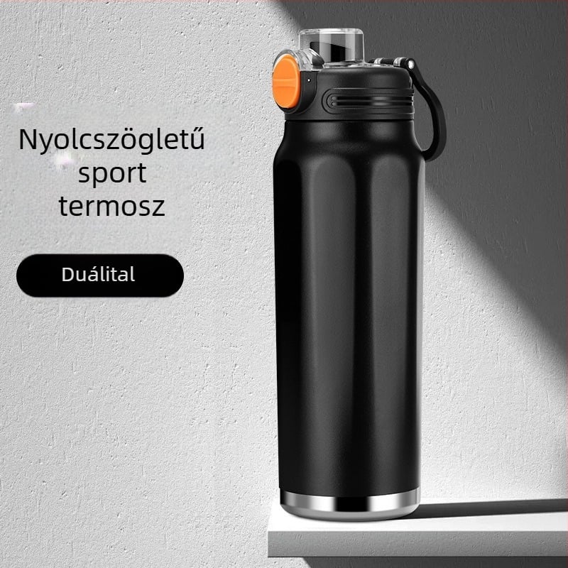 Termosz pohár nagy kapacitással, belső része 316 rozsdamentes acél, külső ház 201 rozsdamentes acél, 6–12 órás szigetelés, nyomtatott logó