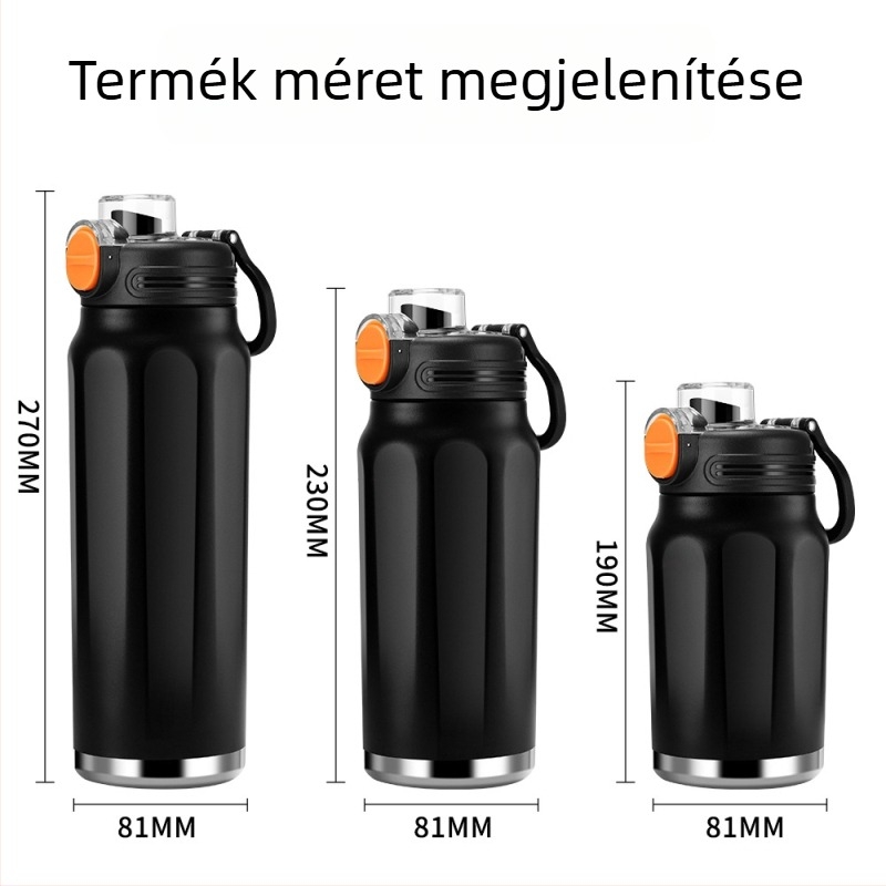 Termosz pohár nagy kapacitással, belső része 316 rozsdamentes acél, külső ház 201 rozsdamentes acél, 6–12 órás szigetelés, nyomtatott logó