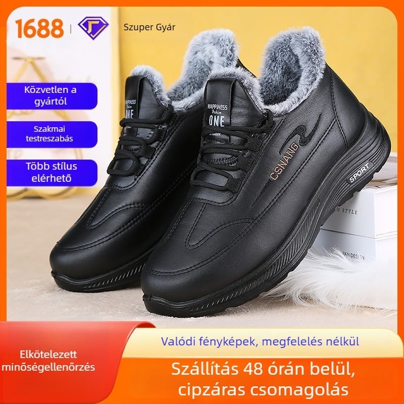 Téli férfi papucs szintetikus bőrből, fleece bélés, PU talp, csúszásmentes, melegen tartja a lábakat, Soni