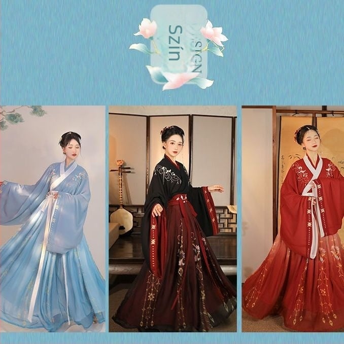 Hanfu készlet, keresztezett gallér, derékig érő hossz, Wei/Jin dinasztia stílus, nyíl alakú ujjak, TR anyag