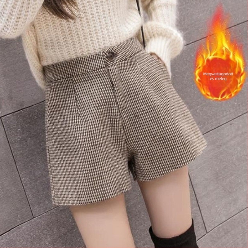 Női gyapjúhatású rövidnadrág houndstooth mintával, magas derekú, széles szabású, téli mindennapi nadrág