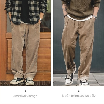Férfi casual pamut egyenes szabású nadrág, középmagas derekú, 100% pamut, japán retro stílus, téli viselet