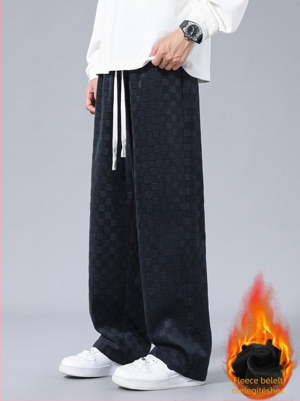 Férfi kockás corduroy nadrág fleece béléssel, laza szabás, középmagas derekú, egyenes szár, kötős zárás