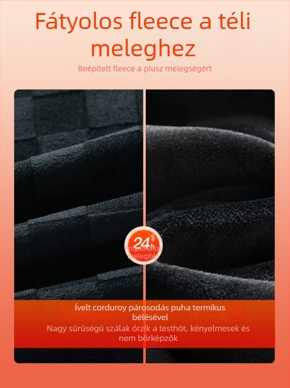 Férfi kockás corduroy nadrág fleece béléssel, laza szabás, középmagas derekú, egyenes szár, kötős zárás