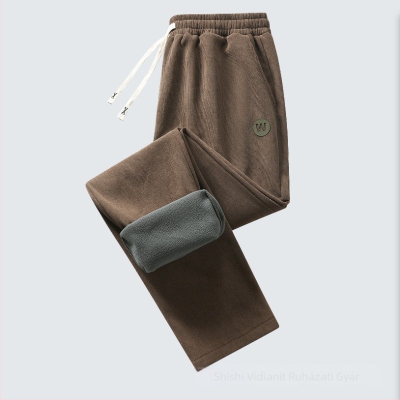 Férfi corduroy nadrág fleece béléssel, mindennapi stílusú, vastag, meleg, elasztikus derék