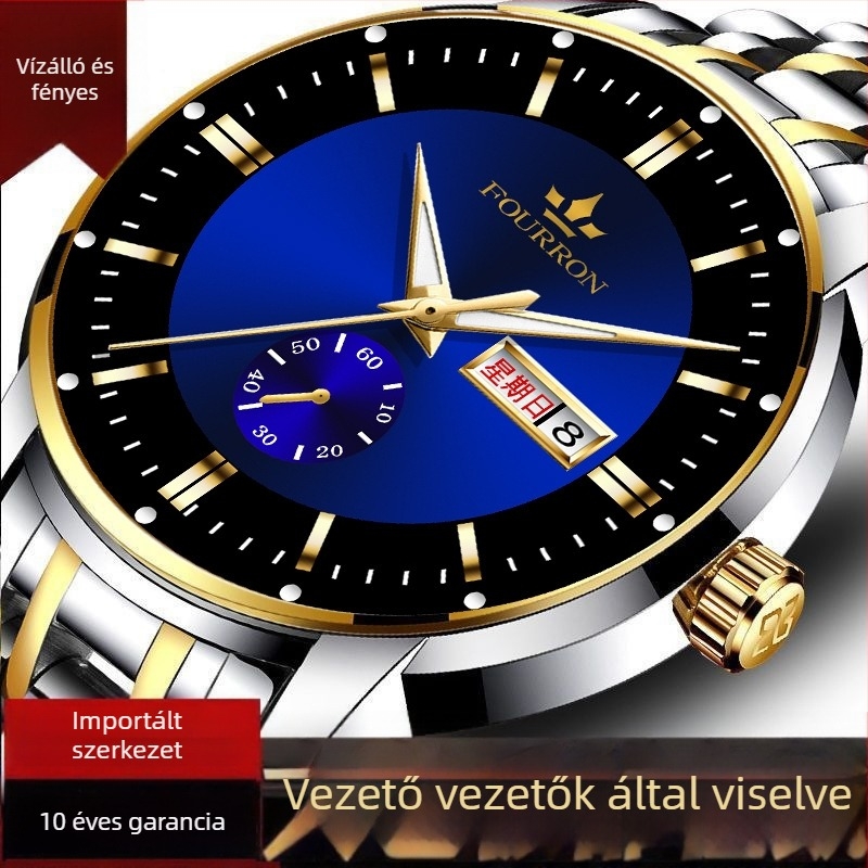 Férfi divat Quartz karóra duál naptárral és lumineszcens kijelzővel, tokozás ötvözet, szíj rozsdamentes acél