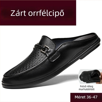 Férfi slip-on papucs bőrből, zárt orrú, sarok nélküli, gumitalp