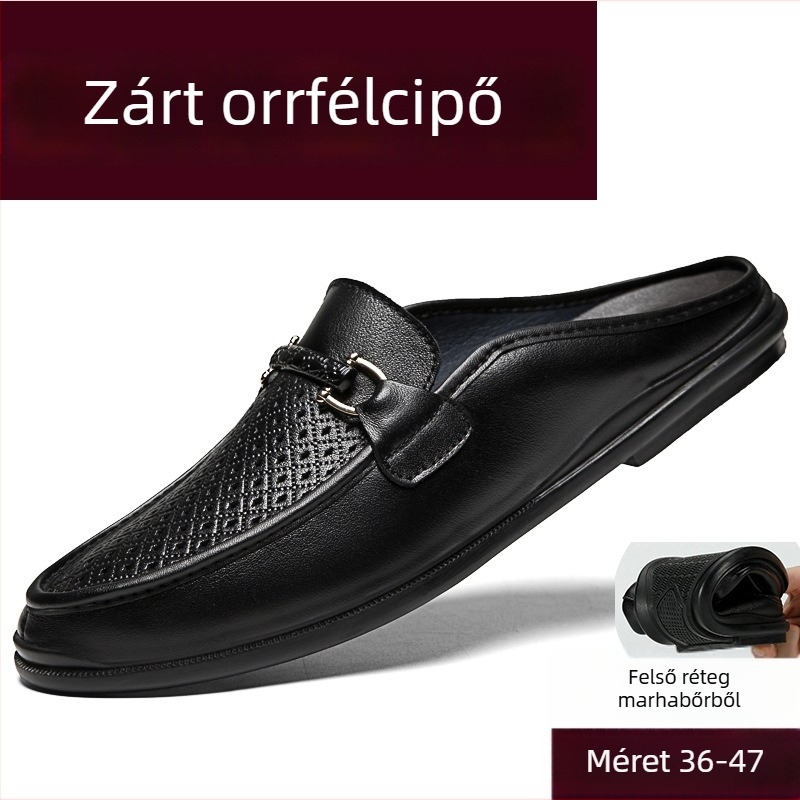 Férfi slip-on papucs bőrből, zárt orrú, sarok nélküli, gumitalp