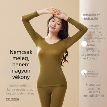 Női ultra vékony, seamless fűtő termo alsóruha készlet — hosszú ujjú felső és hosszú nadrág; antistatikus, testformáló, hidratáló hyaluronsavval; anyag: nylon-spandex (80–90% spandex).