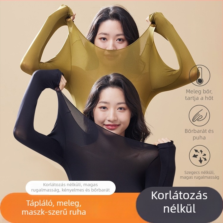 Női ultra vékony, seamless fűtő termo alsóruha készlet — hosszú ujjú felső és hosszú nadrág; antistatikus, testformáló, hidratáló hyaluronsavval; anyag: nylon-spandex (80–90% spandex).