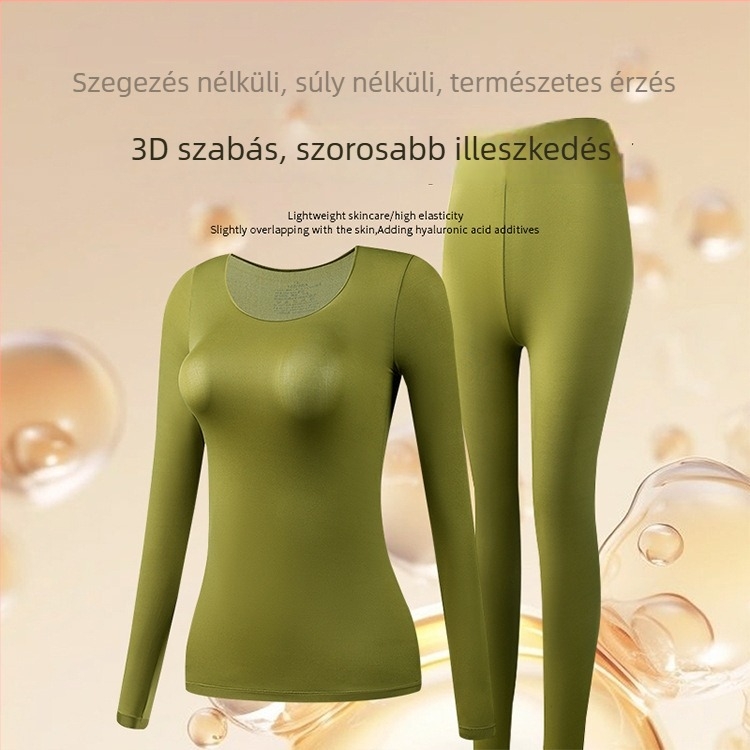 Női ultra vékony, seamless fűtő termo alsóruha készlet — hosszú ujjú felső és hosszú nadrág; antistatikus, testformáló, hidratáló hyaluronsavval; anyag: nylon-spandex (80–90% spandex).
