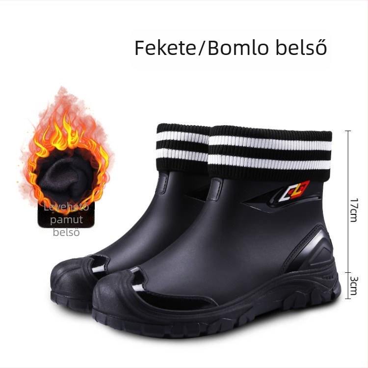 Férfi PVC esőcsizma műszőrme béléssel, gumírozott talppal, EVA talpbetéttel, belső hálóval, anti-slip, meleg és kopásálló, négy évszakos viselet