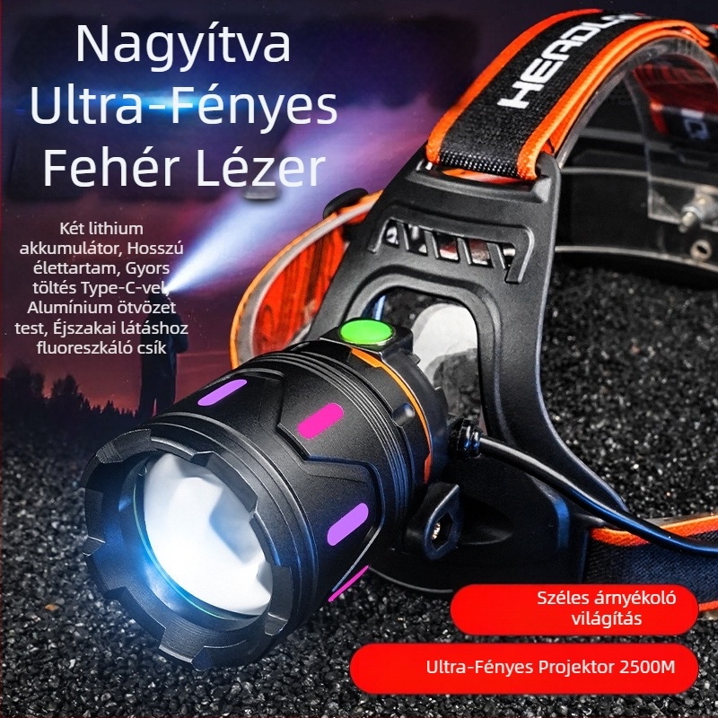 LED fejfény teleszkópos zoommal, USB töltéssel, 2400mAh akkumulátor, 15W teljesítmény, alumíniumötvözet ház