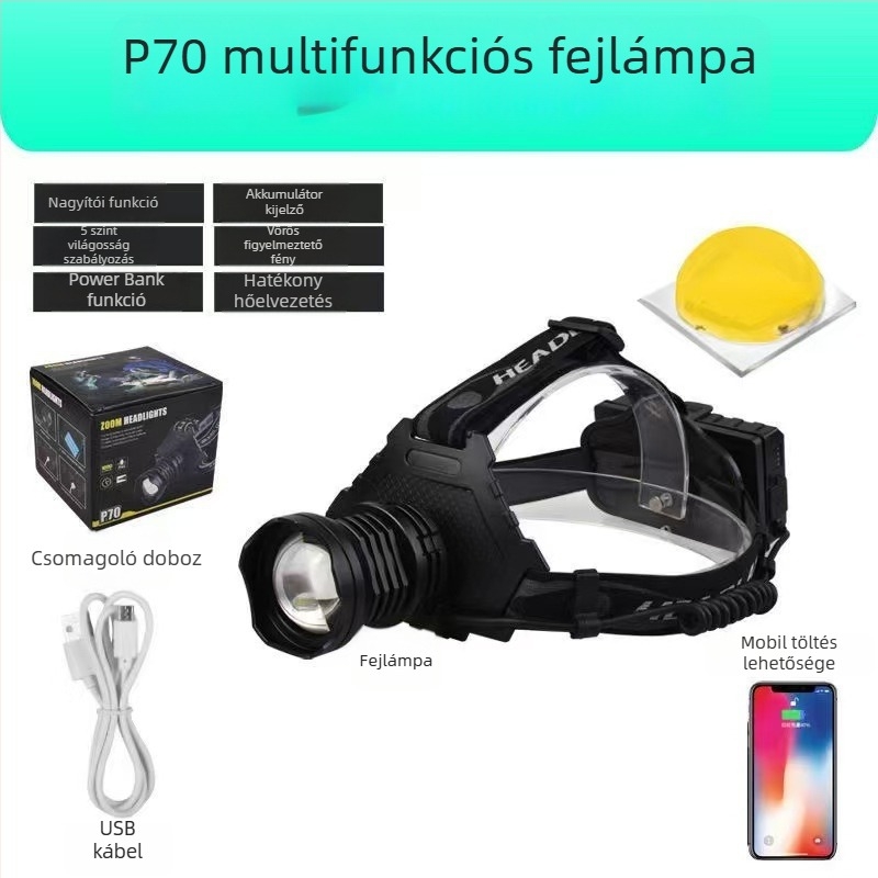 Külső használatra USB-töltéses LED fejfény, 30W, 3×18650, alumíniumötvözet, vízálló, 200–500 m hatótáv