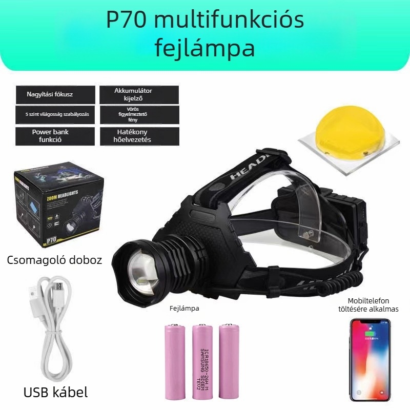 Külső használatra USB-töltéses LED fejfény, 30W, 3×18650, alumíniumötvözet, vízálló, 200–500 m hatótáv