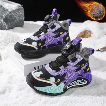 Gyerekek téli sportcipője szintetikus bőrből, rajzfilm mintázat, vízálló, kopásálló, forgó gombbal zárható