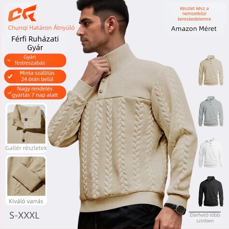 Álló galléros pulóver elülső cipzárral, csíkos kolázs dizájn, hosszú ujjú, lazán szabott