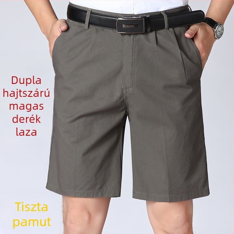 Férfi nyári pamutnadrág-shorts, laza szabás, dupla plisírozás, félhosszú, egyenes szabás, minimalist stílus