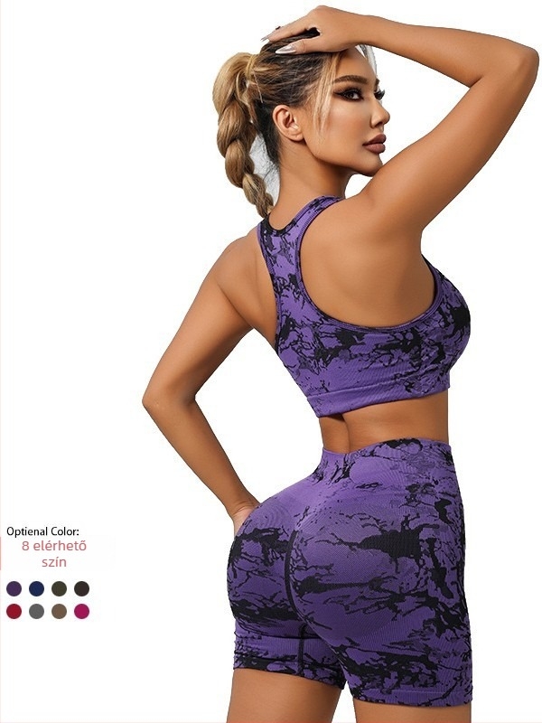 ujj nélküli jóga ruházati szett rövidnadrággal — seamless tie-dye dizájn, gyorsan száradó, könnyű nylon-spandex anyag, melltartóbetétekkel, téli modell 2024