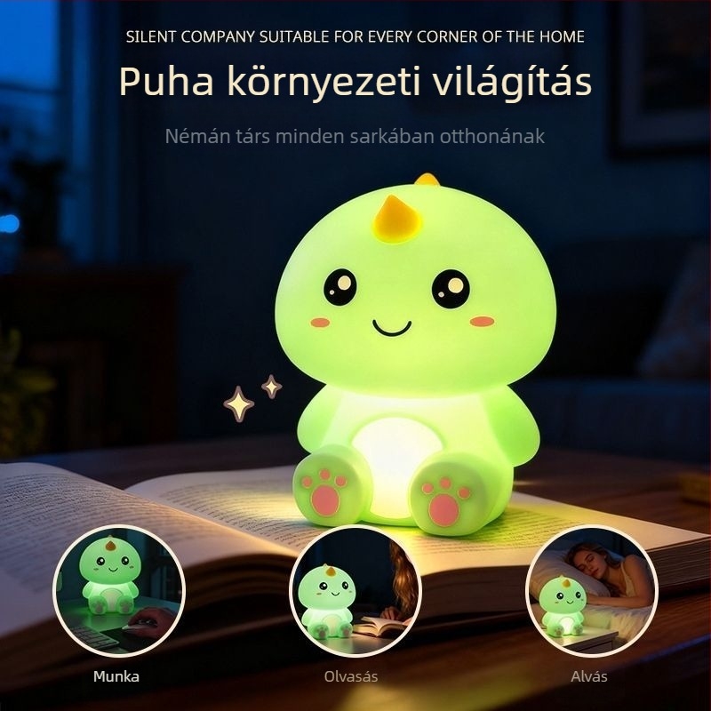 Gyerekeknek szóló éjszakai fény, hexagonális alakú állatmotívummal (dínó és méhecske), szilikon lámpabura, Type-C tápegység, rajzfilmszerű stílus, élettartam több mint 100000 óra