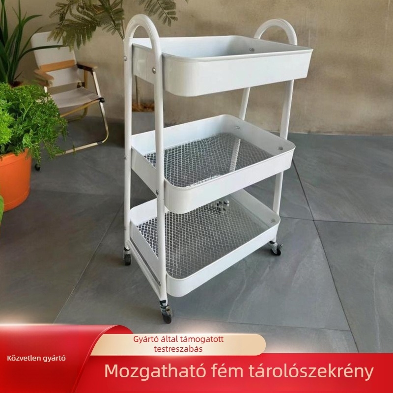 Fém tároló állvány - 3 rétegű, mozgatható, szénacélból, többfunkciós
