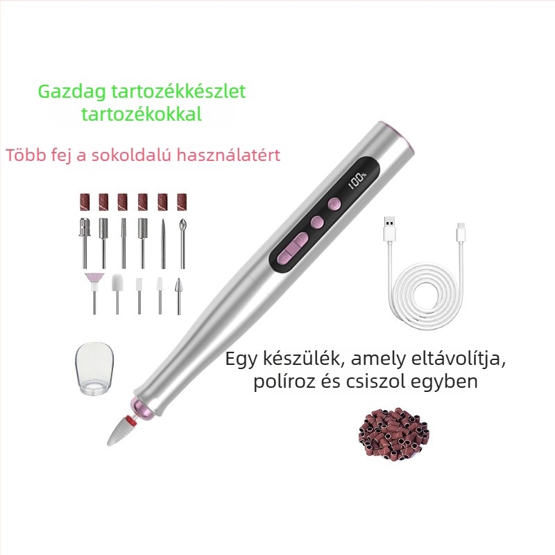 Vezeték nélküli elektromos körömcsiszoló, hordozható manikűr csiszoló, digitális kijelzővel, teljes készlet otthoni használatra