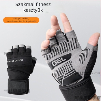Fitnesz kesztyű súlyemeléshez csuklóvédővel, félujjas kialakítás, csúszásmentes szilikon, mikroszálas + szilikon