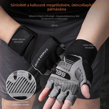 Fitnesz kesztyű súlyemeléshez csuklóvédővel, félujjas kialakítás, csúszásmentes szilikon, mikroszálas + szilikon