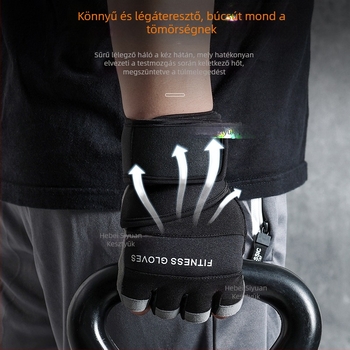 Fitnesz kesztyű súlyemeléshez csuklóvédővel, félujjas kialakítás, csúszásmentes szilikon, mikroszálas + szilikon