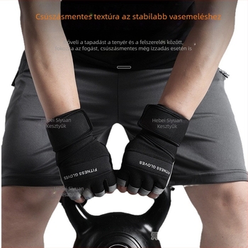 Fitnesz kesztyű súlyemeléshez csuklóvédővel, félujjas kialakítás, csúszásmentes szilikon, mikroszálas + szilikon