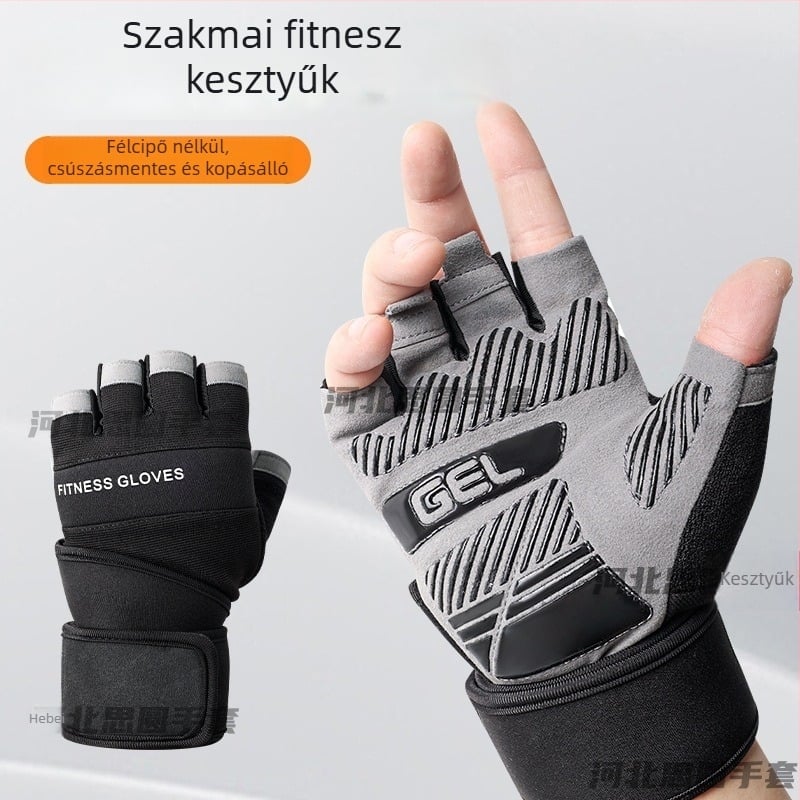Fitnesz kesztyű súlyemeléshez csuklóvédővel, félujjas kialakítás, csúszásmentes szilikon, mikroszálas + szilikon