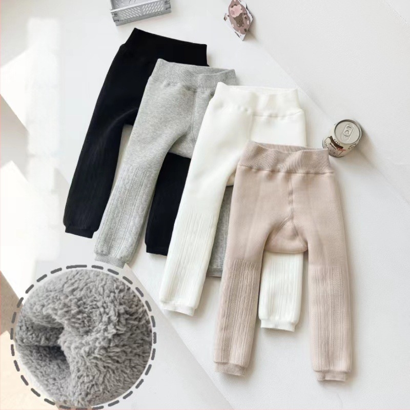 Gyerekeknek készült fleece-béléssel ellátott leggings, magas derekú, koreai stílusú, bokáig érő, téli pamut 75%