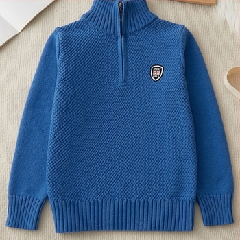 Gyermekeknek készült kötött pulóver fél-zipzárral, téli vastag anyag, áll-nyakú gallér, hosszú ujjú