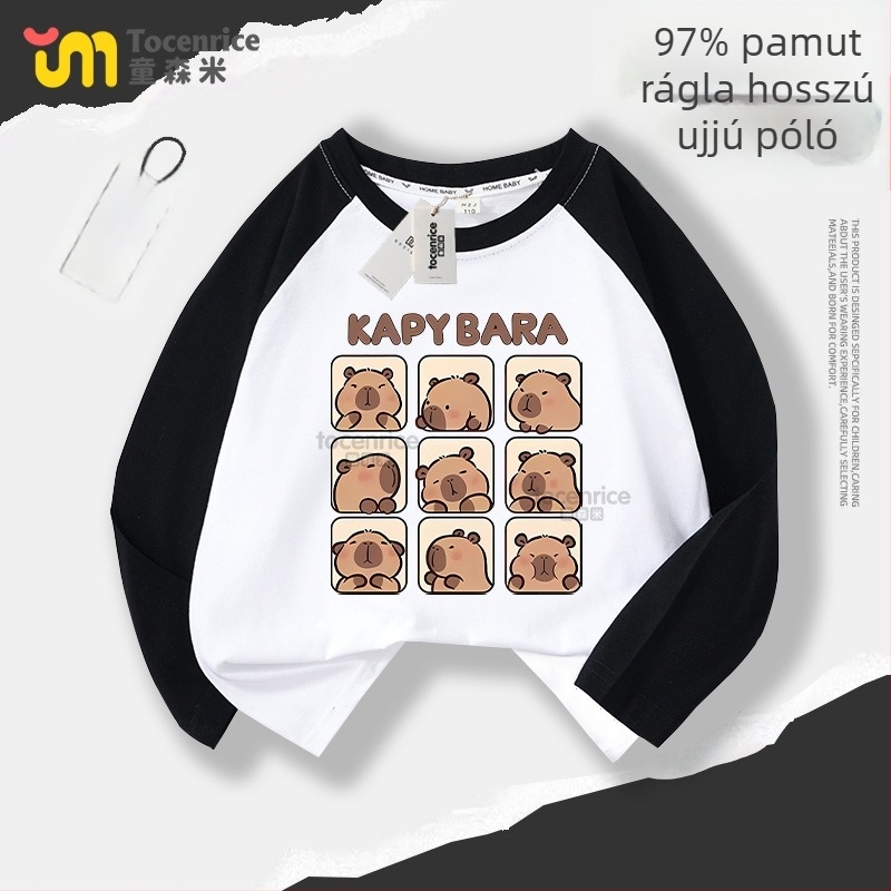 Gyerekeknek szóló pamut hosszú ujjú póló, Casual, Rajzfilm mintával, Ősz 2024, Uniszex, 8 év felett