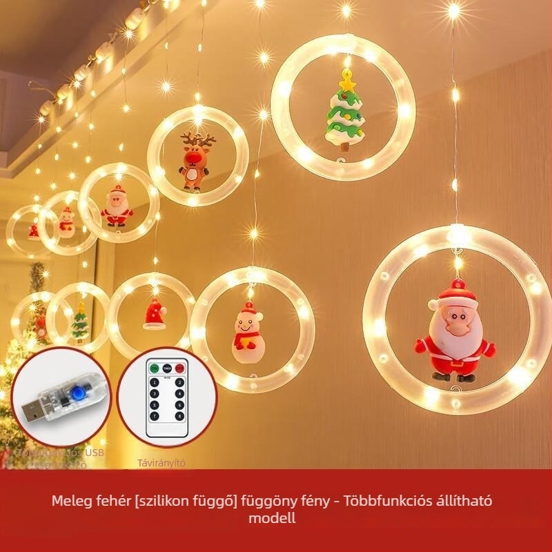 Rajzfilmszerű LED függönyfény, 120 LED-del, USB tápegység, távirányító, IP44, 3000K, karácsonyi dekoráció