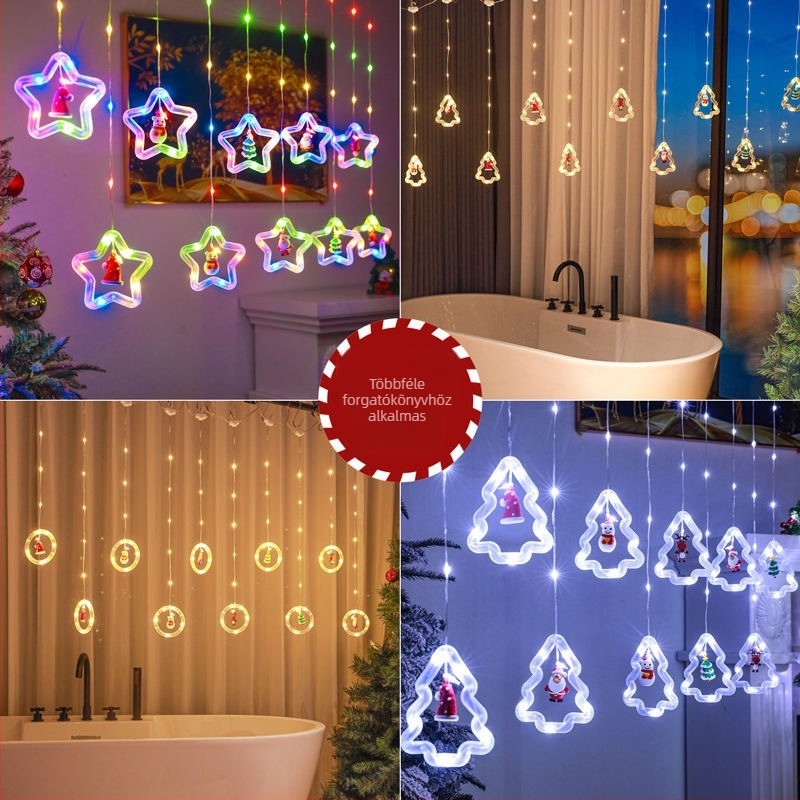 Rajzfilmszerű LED függönyfény, 120 LED-del, USB tápegység, távirányító, IP44, 3000K, karácsonyi dekoráció