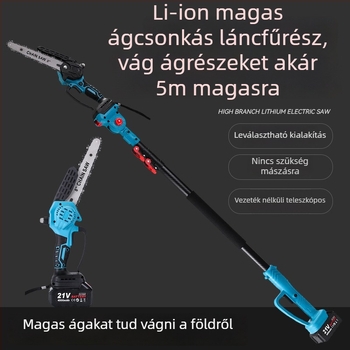 Elektromos gallyvágó fűrész hosszabbító nyelemmel és magas ágakhoz illeszkedő fogantyúval, 21V hálózati tápellátás, vaslánc