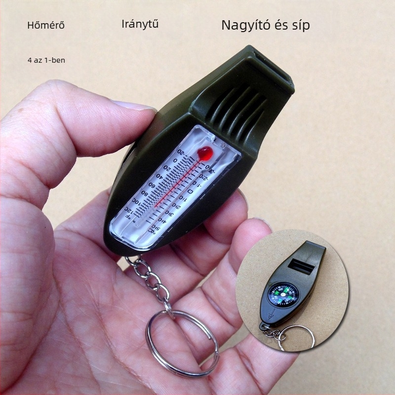 Kültéri négy az egyben túlélő eszköz compasszal, hőmérővel, nagyítóval és síppal (két darabos készlet)