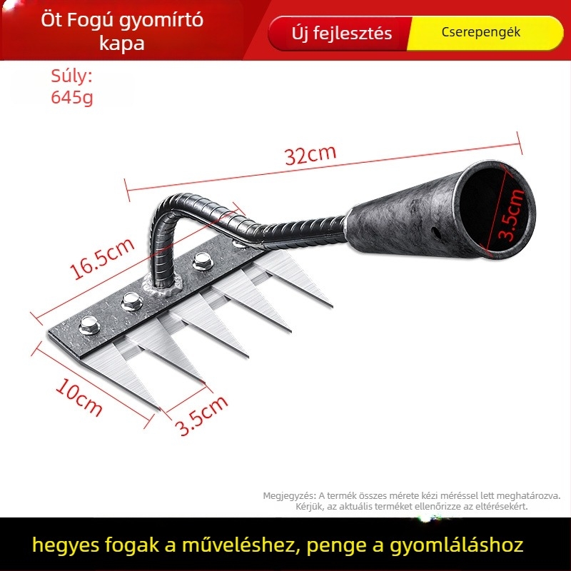 Mangán-vasból készült gyomírtó gereblye – többfunkciós kerti kapa gyomláláshoz és zöldségek ültetéséhez, öt fogú kialakítás, talajlazítás