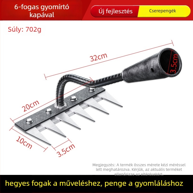 Mangán-vasból készült gyomírtó gereblye – többfunkciós kerti kapa gyomláláshoz és zöldségek ültetéséhez, öt fogú kialakítás, talajlazítás