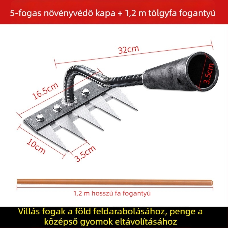 Mangán-vasból készült gyomírtó gereblye – többfunkciós kerti kapa gyomláláshoz és zöldségek ültetéséhez, öt fogú kialakítás, talajlazítás