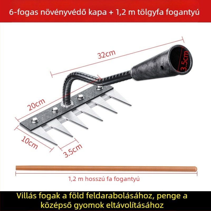Mangán-vasból készült gyomírtó gereblye – többfunkciós kerti kapa gyomláláshoz és zöldségek ültetéséhez, öt fogú kialakítás, talajlazítás