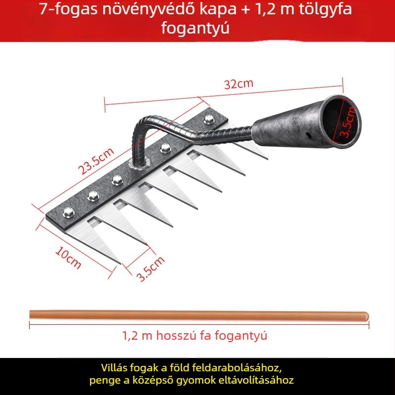 Mangán-vasból készült gyomírtó gereblye – többfunkciós kerti kapa gyomláláshoz és zöldségek ültetéséhez, öt fogú kialakítás, talajlazítás