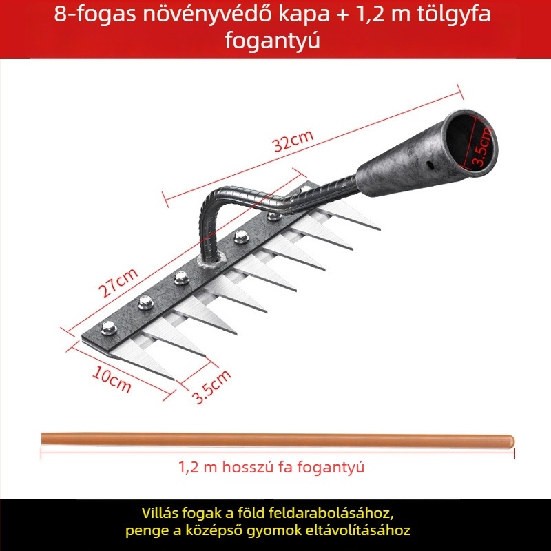 Mangán-vasból készült gyomírtó gereblye – többfunkciós kerti kapa gyomláláshoz és zöldségek ültetéséhez, öt fogú kialakítás, talajlazítás