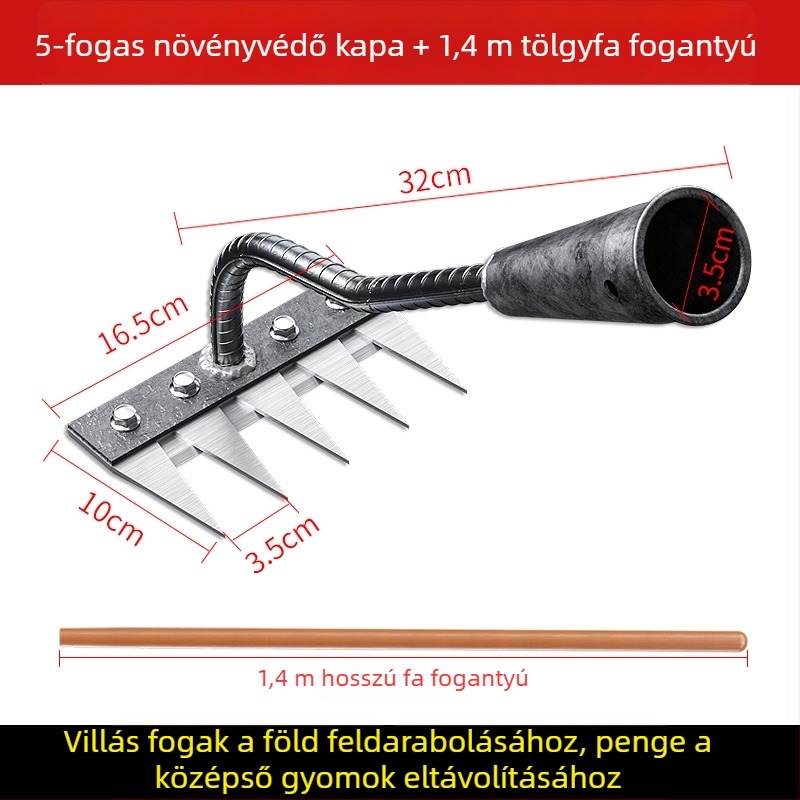 Mangán-vasból készült gyomírtó gereblye – többfunkciós kerti kapa gyomláláshoz és zöldségek ültetéséhez, öt fogú kialakítás, talajlazítás