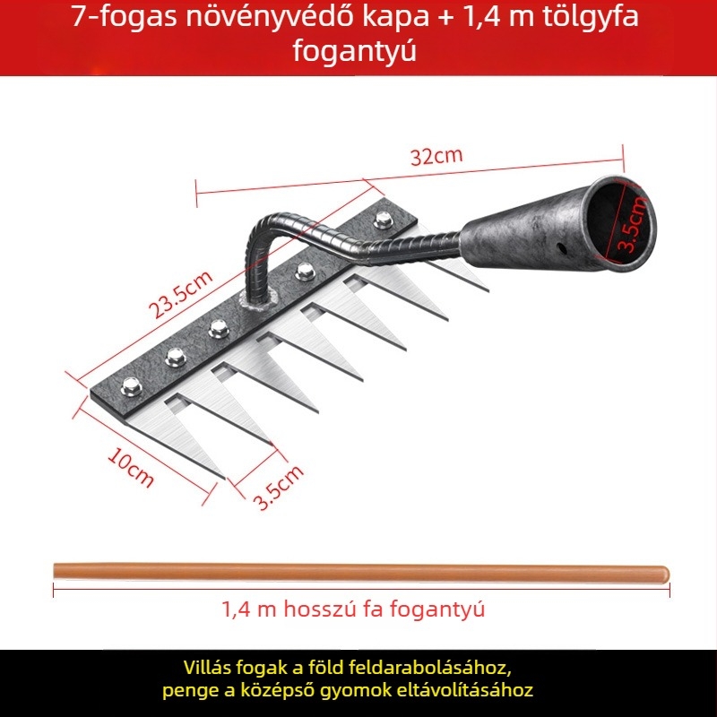 Mangán-vasból készült gyomírtó gereblye – többfunkciós kerti kapa gyomláláshoz és zöldségek ültetéséhez, öt fogú kialakítás, talajlazítás