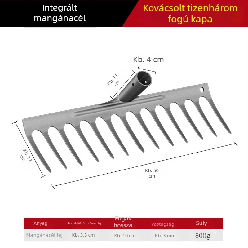Mangán-vasból készült gyomírtó gereblye – többfunkciós kerti kapa gyomláláshoz és zöldségek ültetéséhez, öt fogú kialakítás, talajlazítás